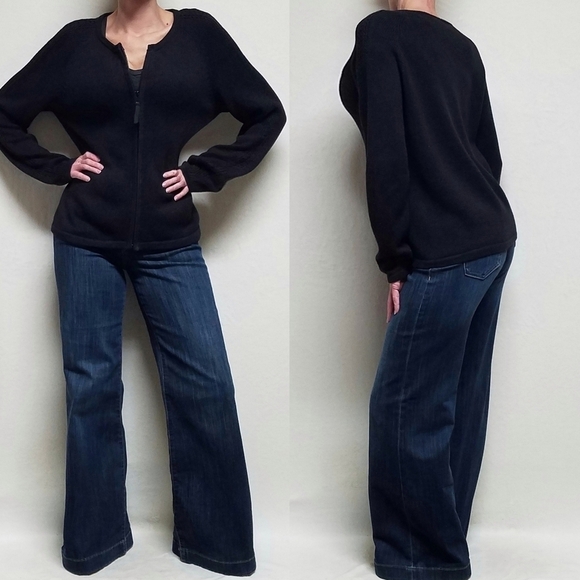 VINTAGE 90s Cherokee Black Cotton Blend Loose Knit Long Sleeve Full-zip Cardigan - Picture 1 of 14